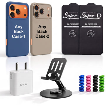 Complete Mobile Care Kit (Get Any 2 Cases+2 Tempered Glass+25W Charger Adapter+Metallic Mobile Stand+Cable Protector)