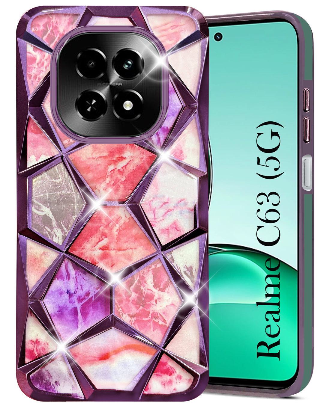 For Realme C63 5G Back Cover Case (Dual Design Glitter Sparkle and Detachable Diamond Print Case | Soft and Flexible)