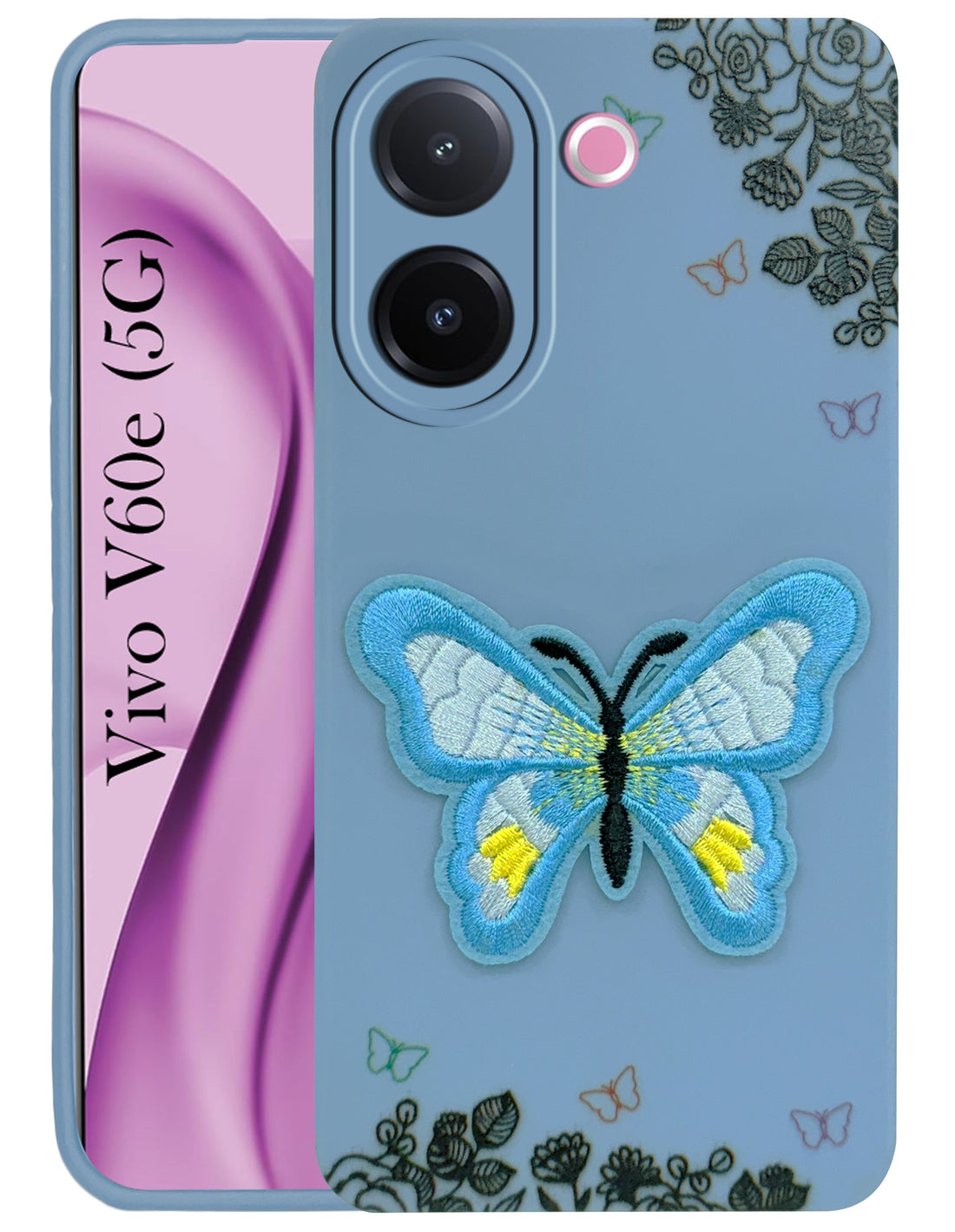 For Vivo V60e Back Cover Case (SoFt Butter Fly Embroidery | Women Teen Girls | Camera Protection| Matte Silicone)