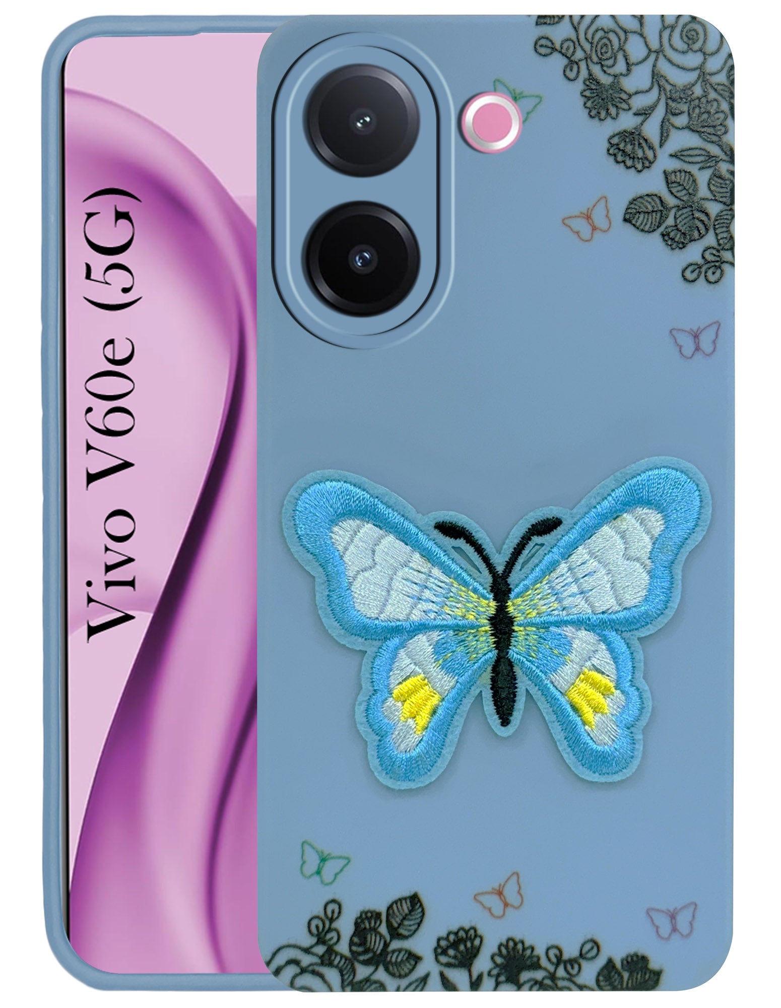 For Vivo V60e Back Cover Case (SoFt Butter Fly Embroidery | Women Teen Girls | Camera Protection| Matte Silicone)