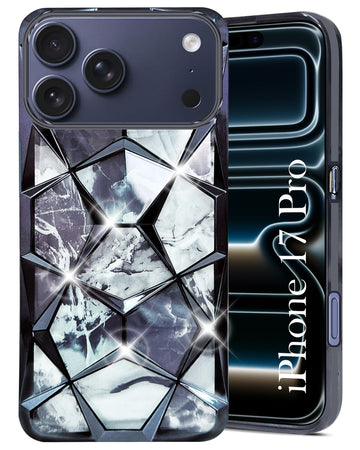 For Apple iPhone 17 Pro Back Cover Case 3D Silicone Compatible (Dual Design Glitter Sparkle and Detachable Diamond Print Case | Soft and Flexible)