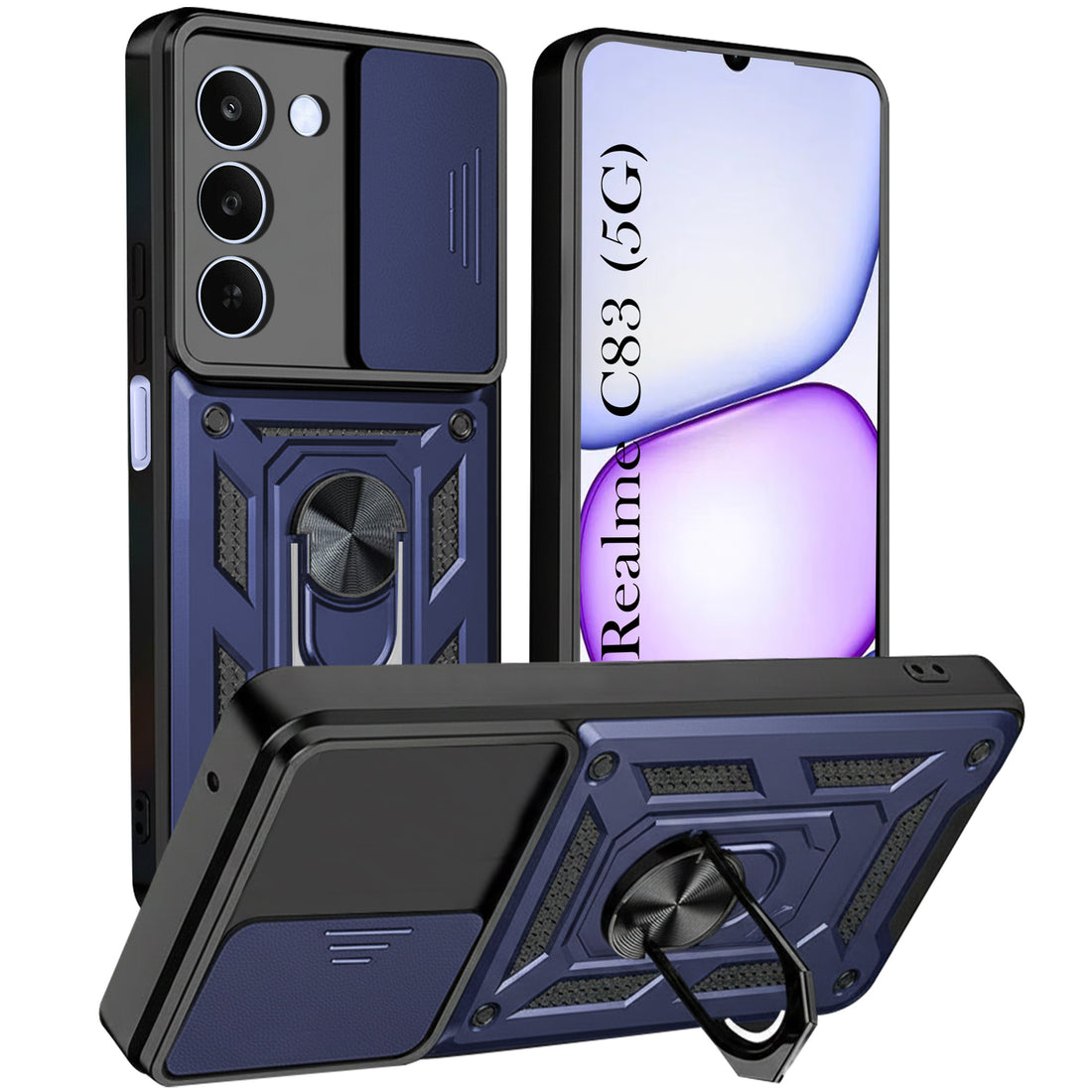For Realme C83 5G Back Cover Case Hybrid Armor (Sliding Shutter Camera Protection | Polycarbonate |Ring Holder Kickstand)