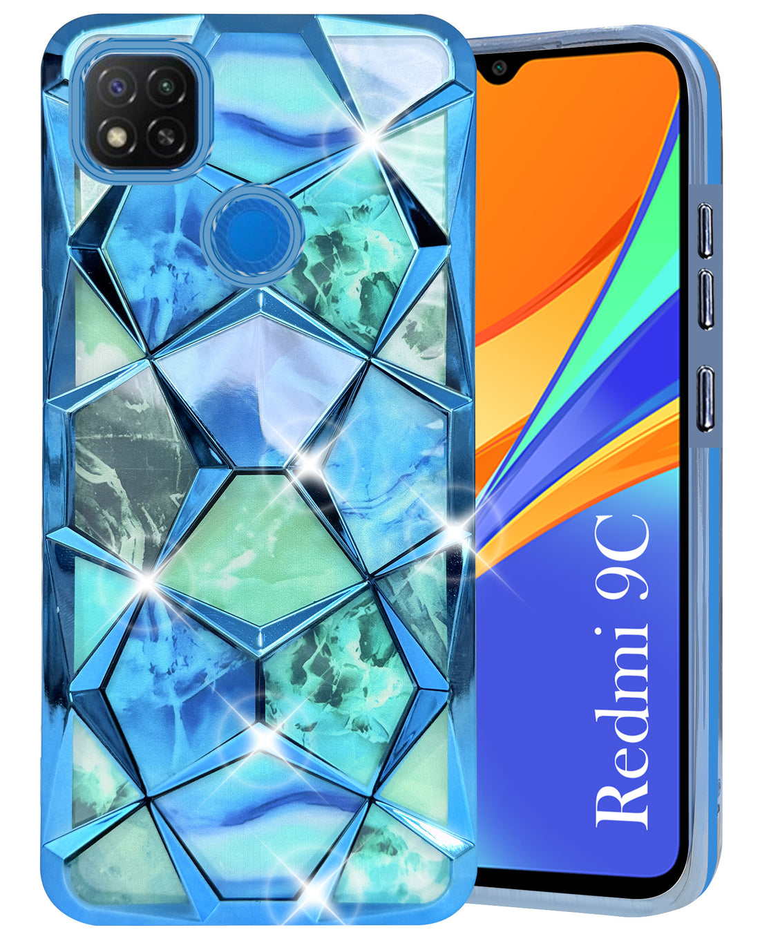 For Redmi 9C Back Cover Case (Dual Design Glitter Sparkle and Detachable Diamond Print Case | Soft and Flexible)