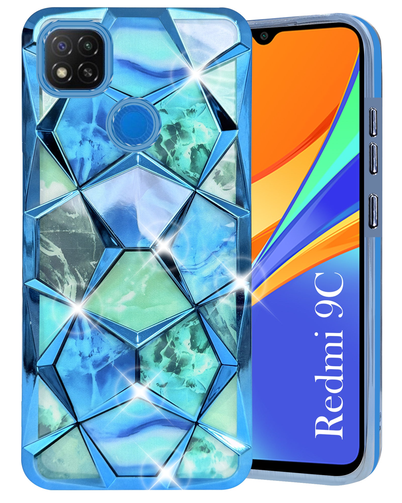 For Redmi 9C Back Cover Case (Dual Design Glitter Sparkle and Detachable Diamond Print Case | Soft and Flexible)