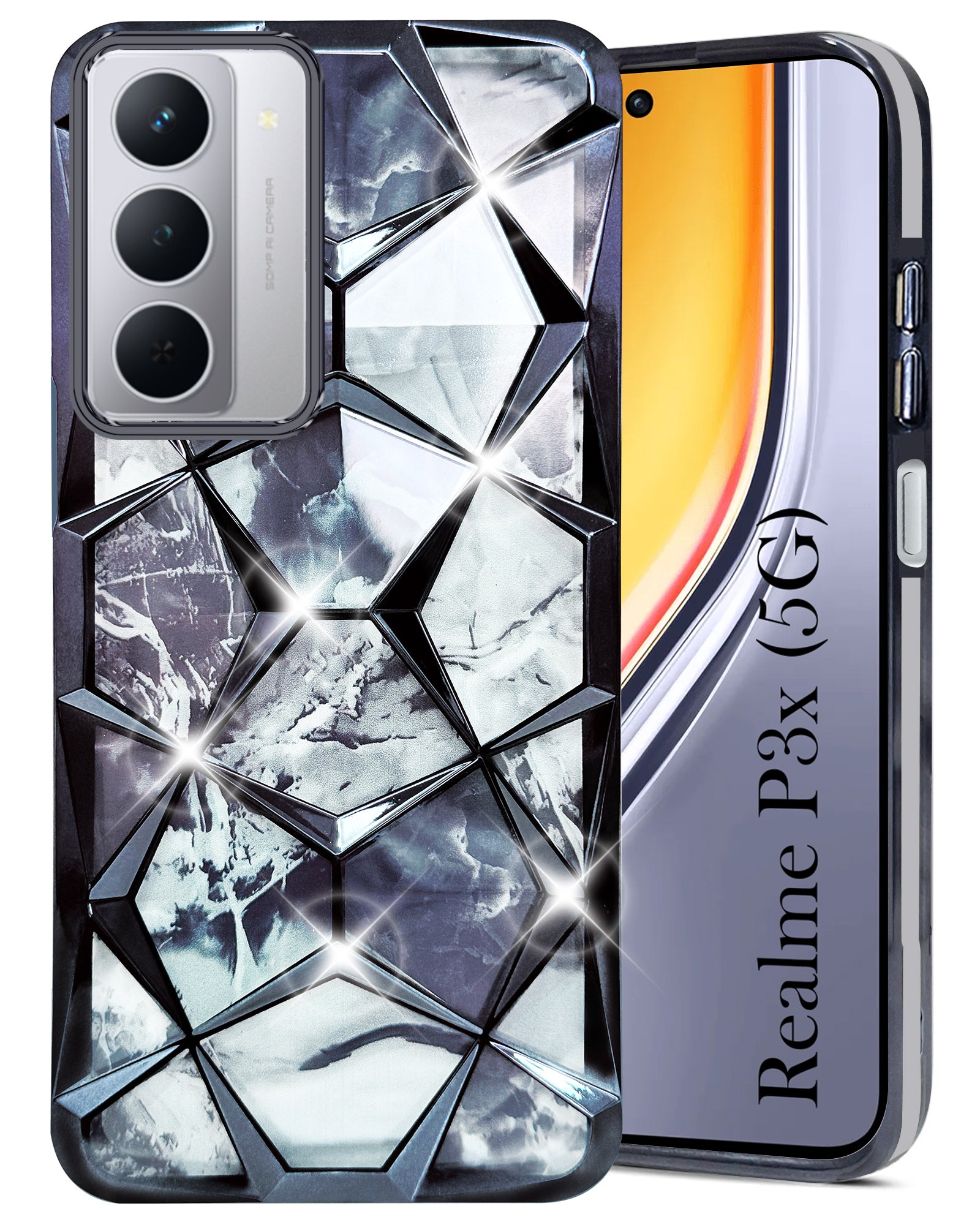 For Realme P3x Back Cover Case (Dual Design Glitter Sparkle and Detachable Diamond Print Case | Soft and Flexible)