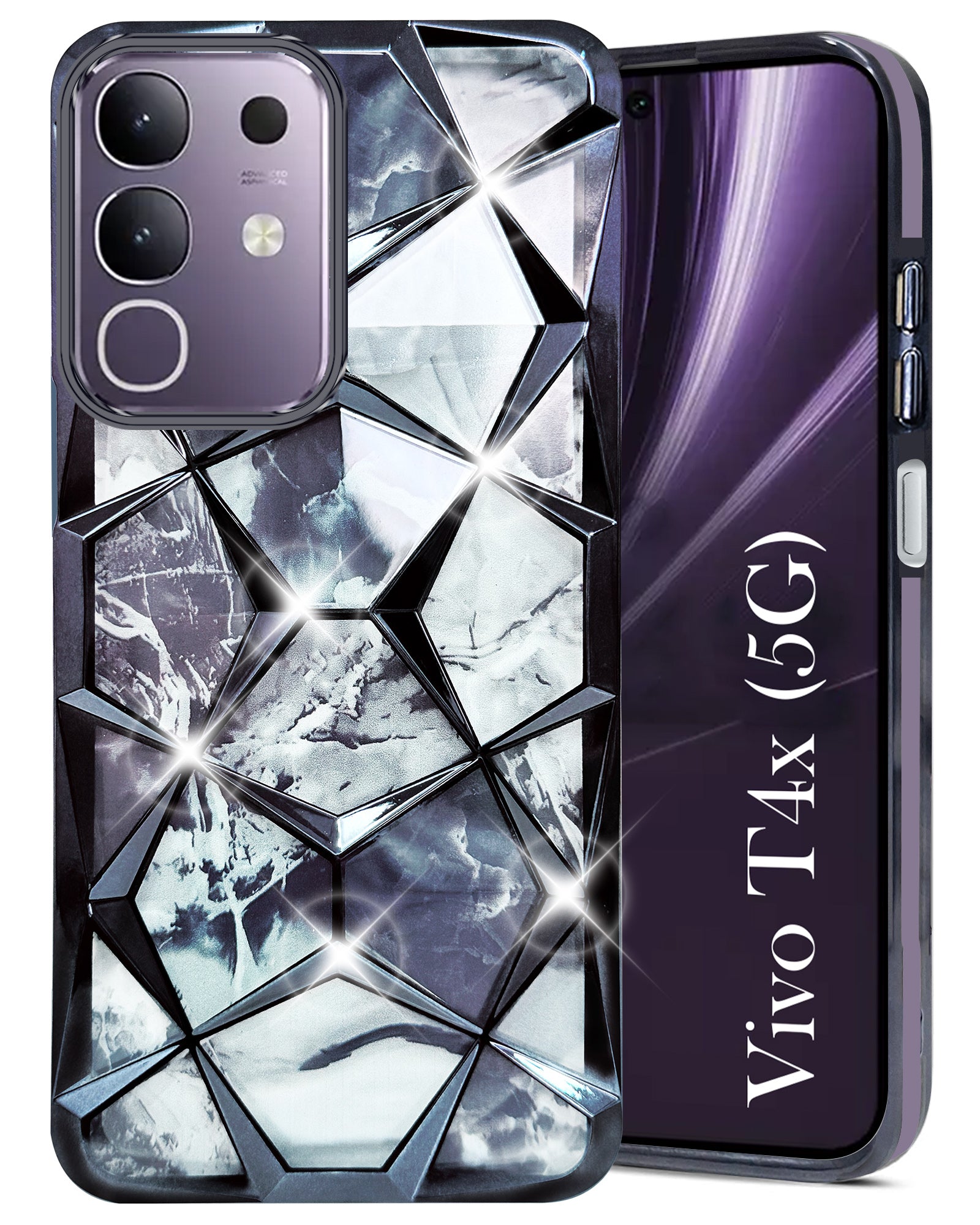 For Vivo T4x For Back Cover Case (Dual Design Glitter Sparkle and Detachable Diamond Print Case | Soft and Flexible)