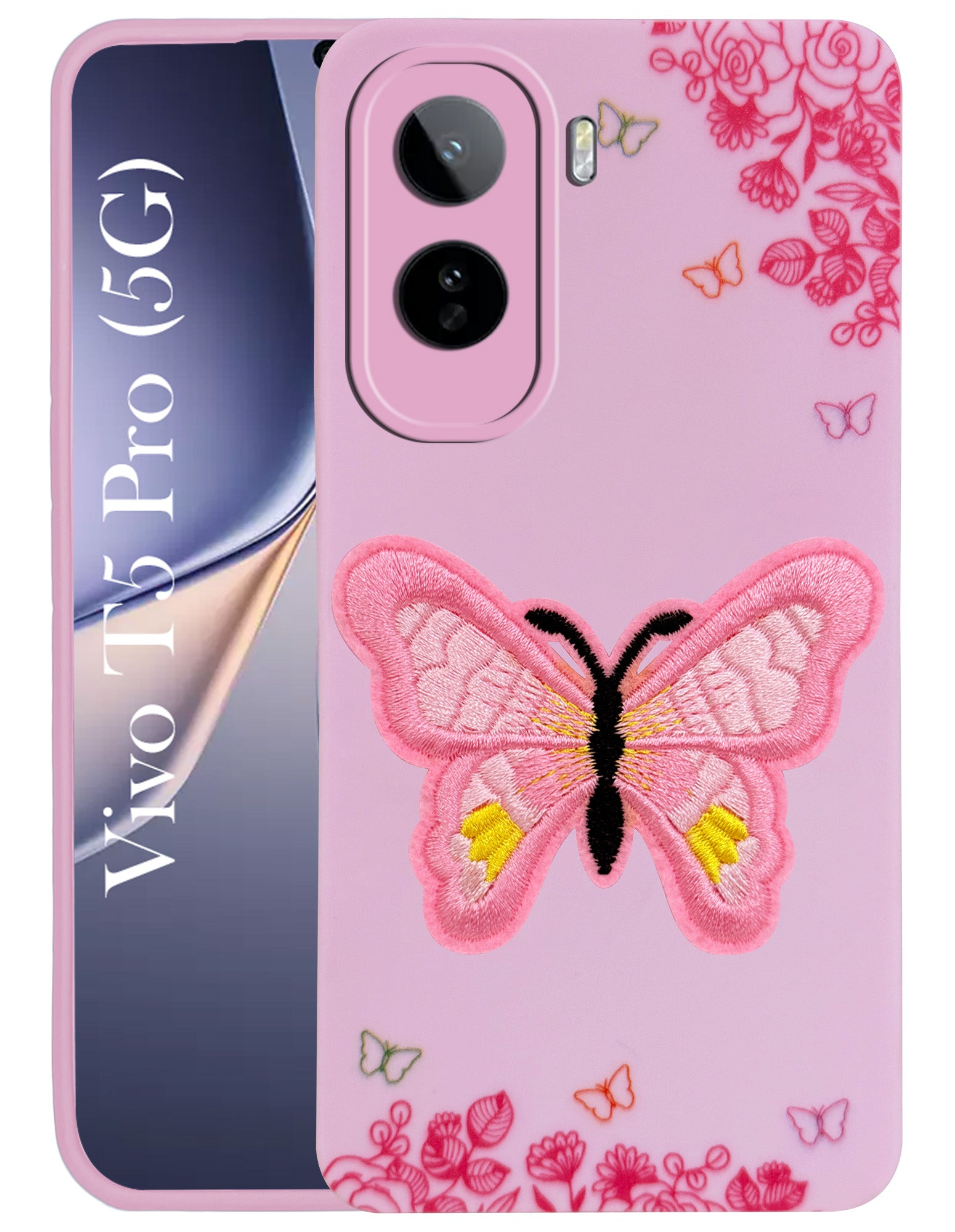For Vivo T5 Pro 5G Back Cover Case (Soft Butterfly Embroidery | Women Teen Girls | Camera Protection| Matte Silicone)