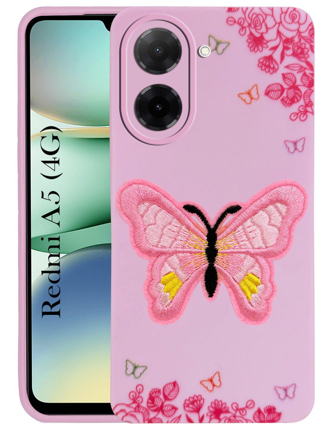 For Redmi A5 4G Back Cover Case (Soft Butterfly Embroidery | Women Teen Girls | Camera Protection| Matte Silicone)