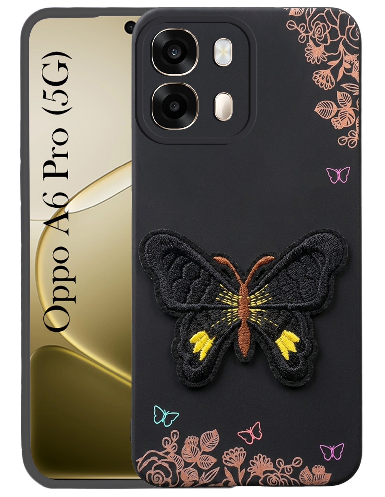 For Oppo A6 Pro Back Cover Case (Soft Butterfly Embroidery | Women Teen Girls | Camera Protection| Matte Silicone)