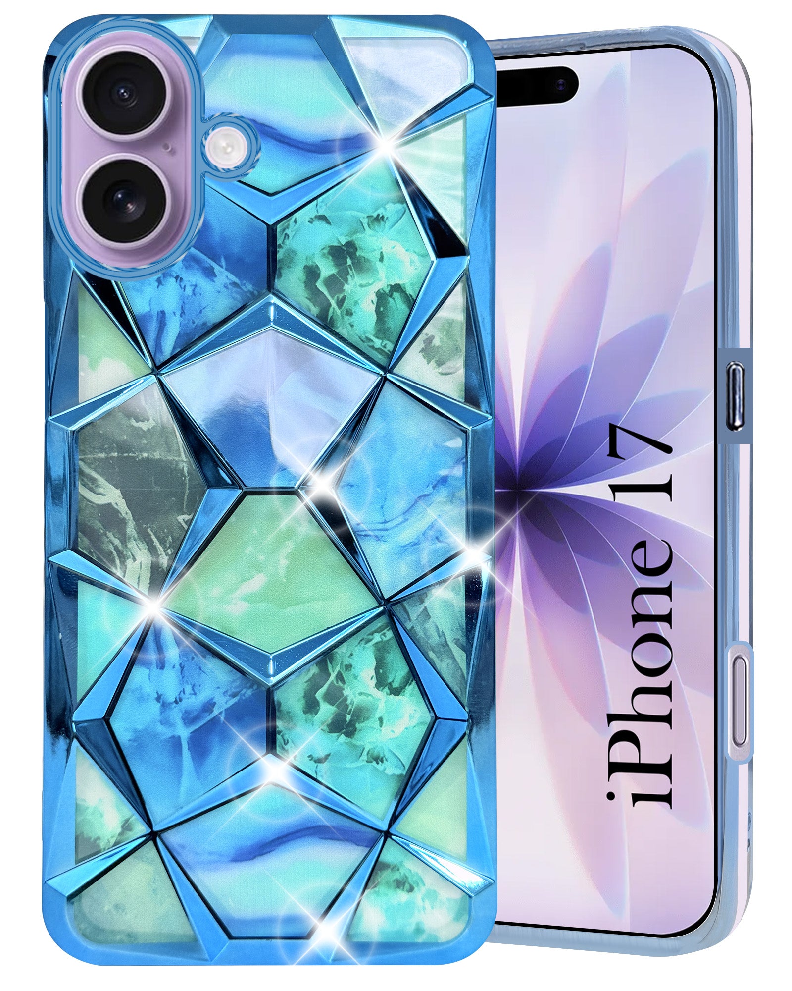 For Apple iPhone 17 Back Cover Case Compatible 3D Silicone (Dual Design Glitter Sparkle and Detachable Diamond Print Case | Soft and Flexible)