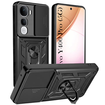 For Vivo Y400 Pro Back Cover Case Hybrid Armor (Sliding Shutter Camera Protection | Polycarbonate |Ring Holder Kickstand)