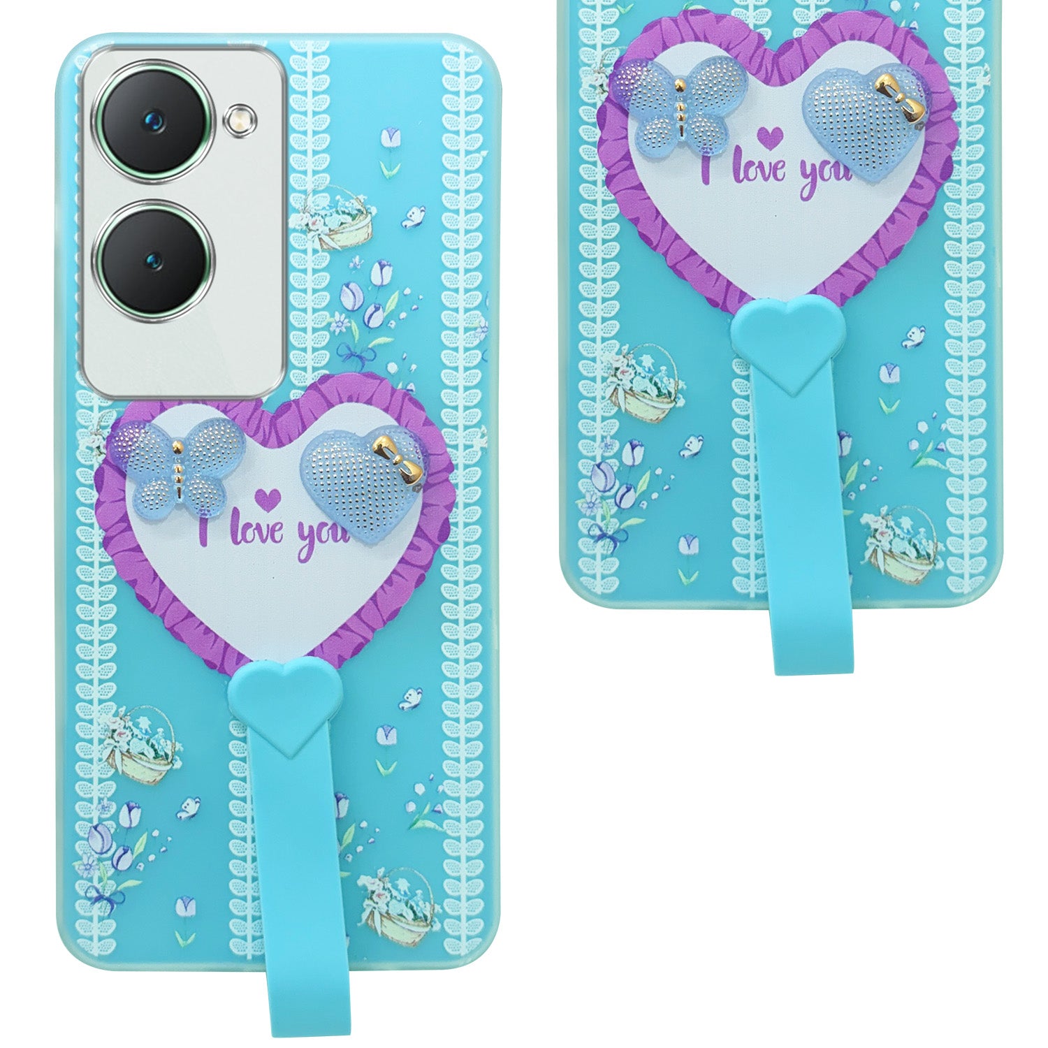 For Vivo Y18 | Y18e | Y03 | Y18i | Y18t Back Cover Case (3D Cute Heart Strap Holder | Camera Protection | Designer Girls Print)