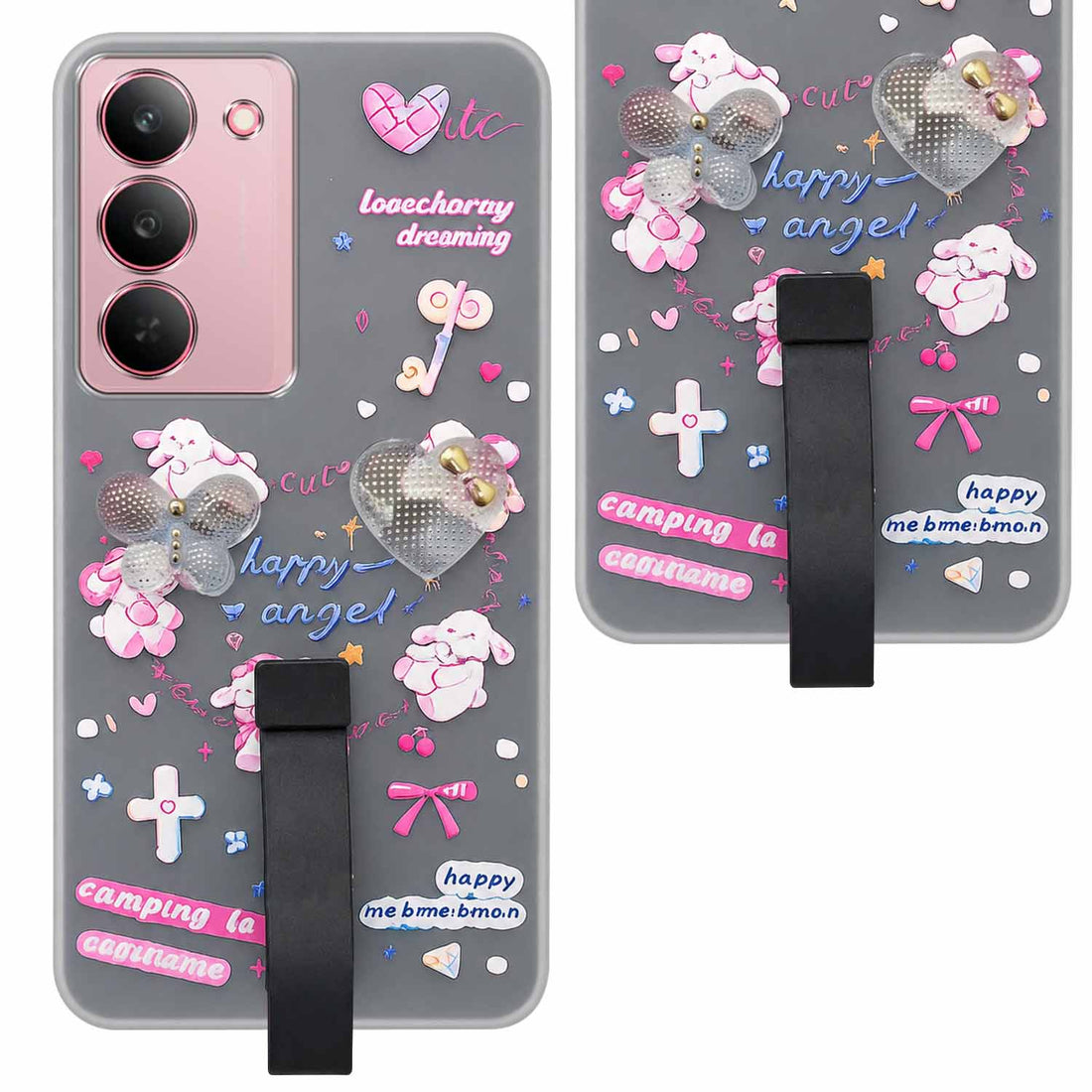 For Realme 14X Back Cover Case (3D Cute Heart Strap Holder | Camera Protection | Designer Girls Print)