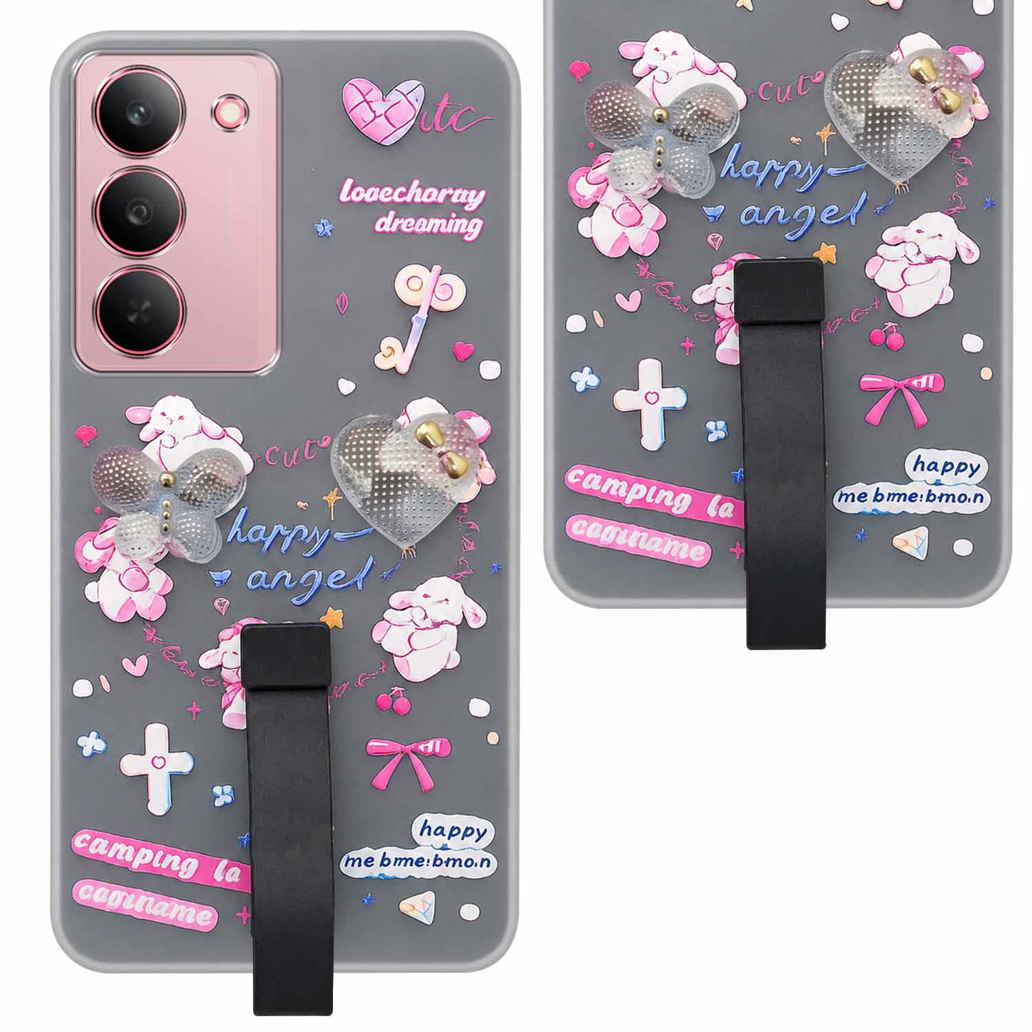 For Realme 14X Back Cover Case (3D Cute Heart Strap Holder | Camera Protection | Designer Girls Print)