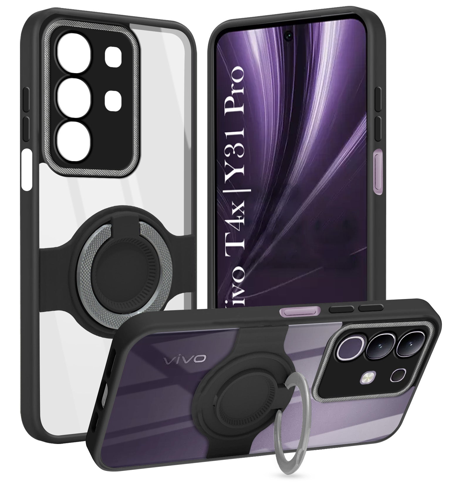 For Vivo T4x | Vivo Y31 Pro Back Cover Case with stand (Built-in Ring Holder Kickstand | Lifetime Anti Yellow | Camera Protection)