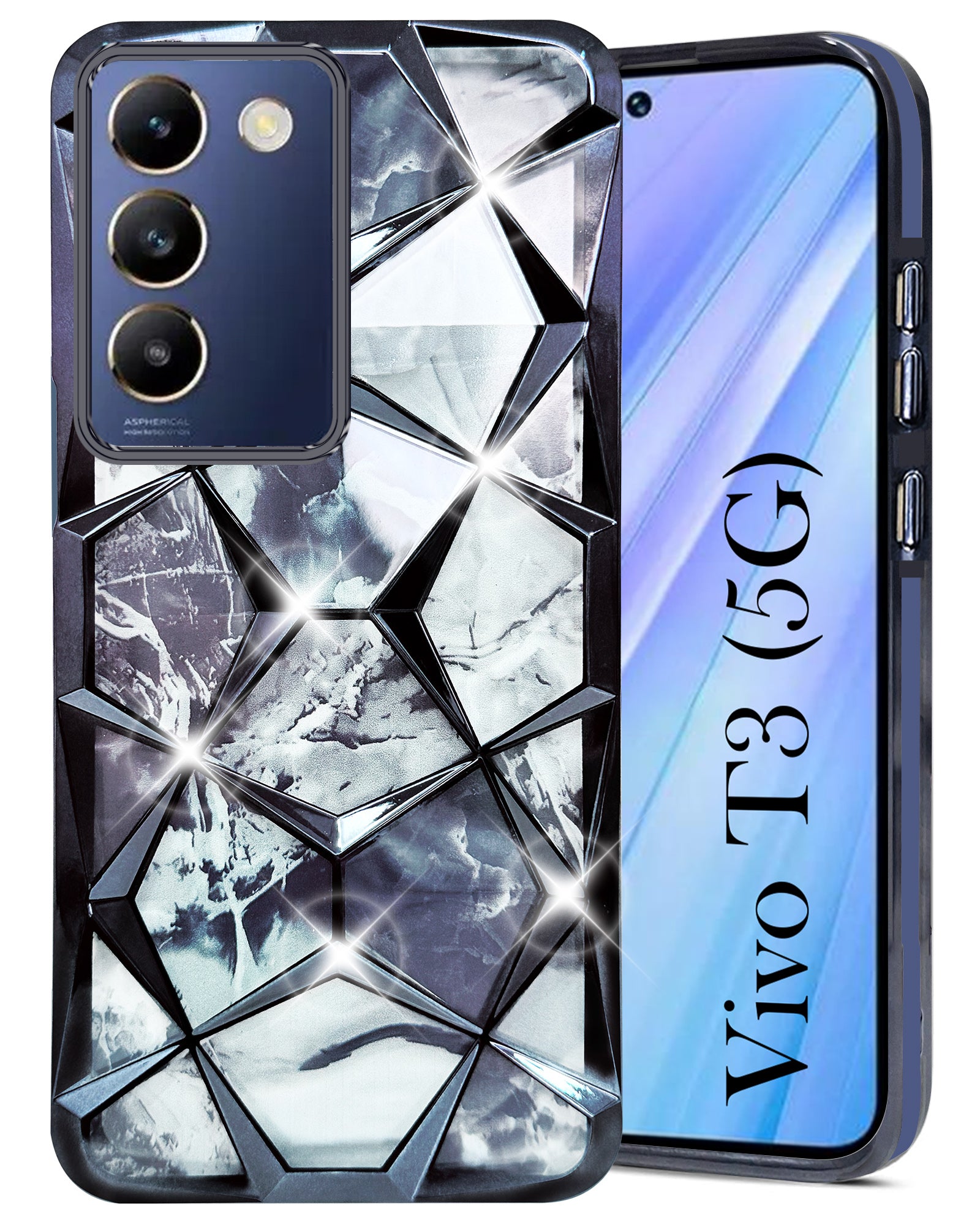 For Vivo T3 5G Back Cover Case (Dual Design Glitter Sparkle and Detachable Diamond Print Case | Soft and Flexible)