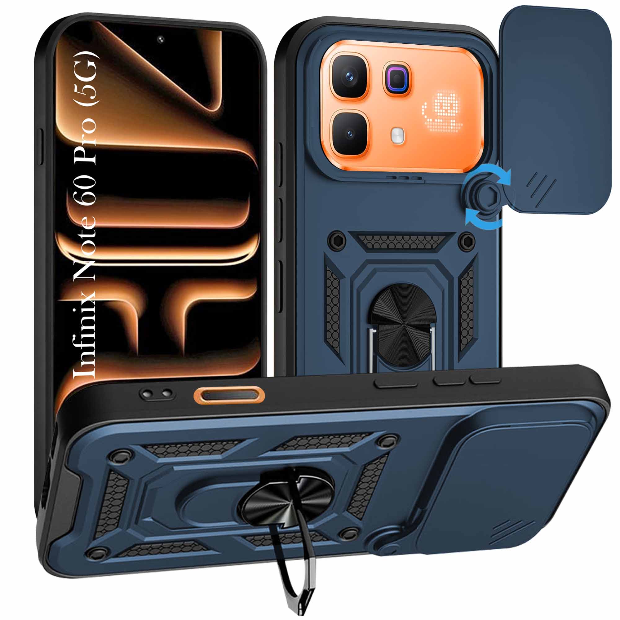 For Infinix Note 60 Pro 5G Back Cover Case Hybrid Armor (Sliding Shutter Camera Protection | Polycarbonate |Ring Holder Kickstand)