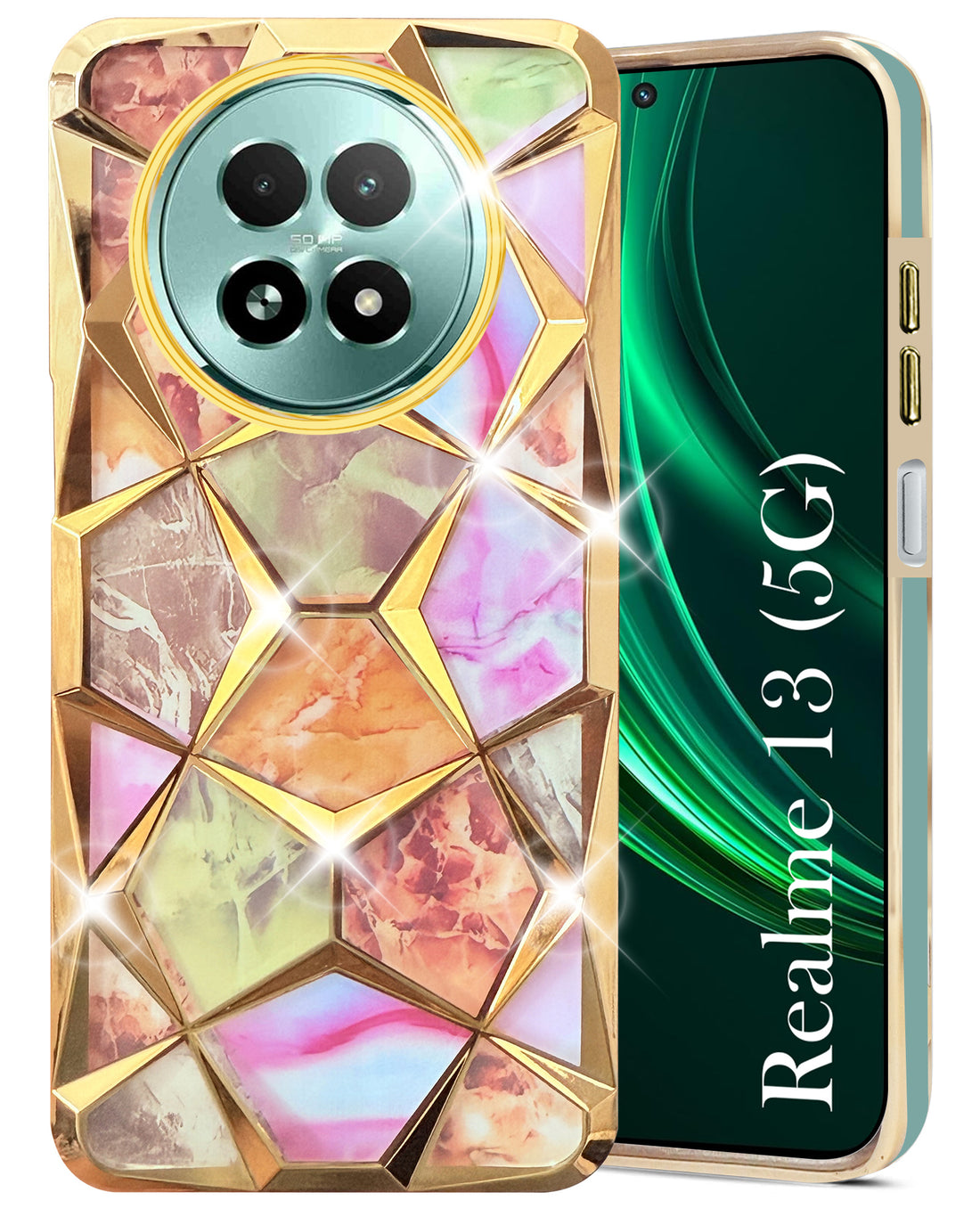 For Realme 13 Back Cover Case (Dual Design Glitter Sparkle and Detachable Diamond Print Case | Soft and Flexible)