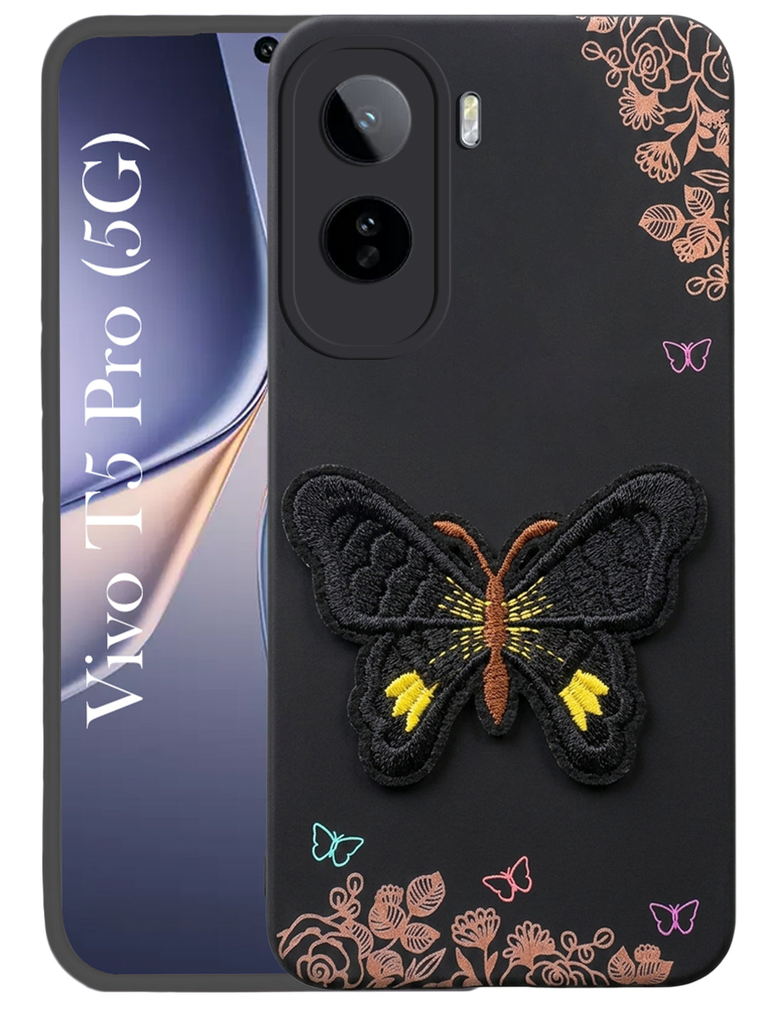 For Vivo T5 Pro 5G Back Cover Case (Soft Butterfly Embroidery | Women Teen Girls | Camera Protection| Matte Silicone)