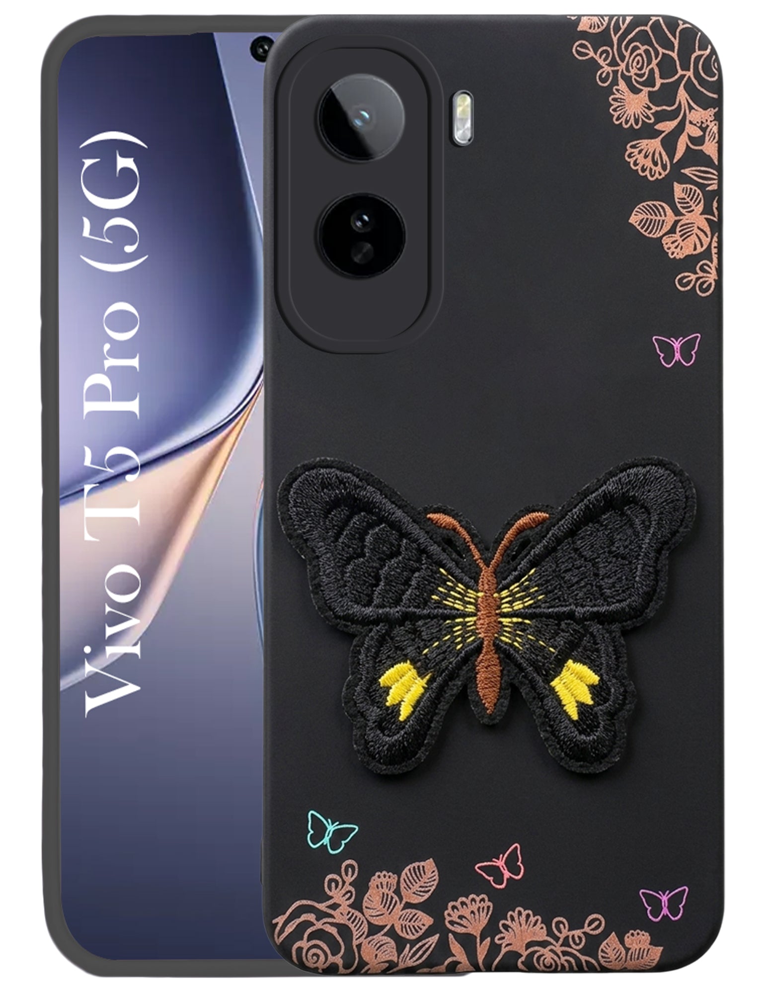 For Vivo T5 Pro 5G Back Cover Case (Soft Butterfly Embroidery | Women Teen Girls | Camera Protection| Matte Silicone)