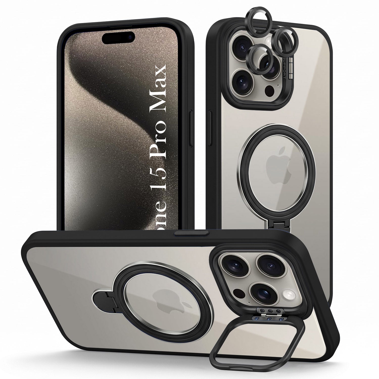 For Apple iPhone 15 Pro Max Back Cover Case Crystal (Lifetime Anti Yellow | Magnetic Ring Stand | Camera Lens Protection | MagSafe Compatible)