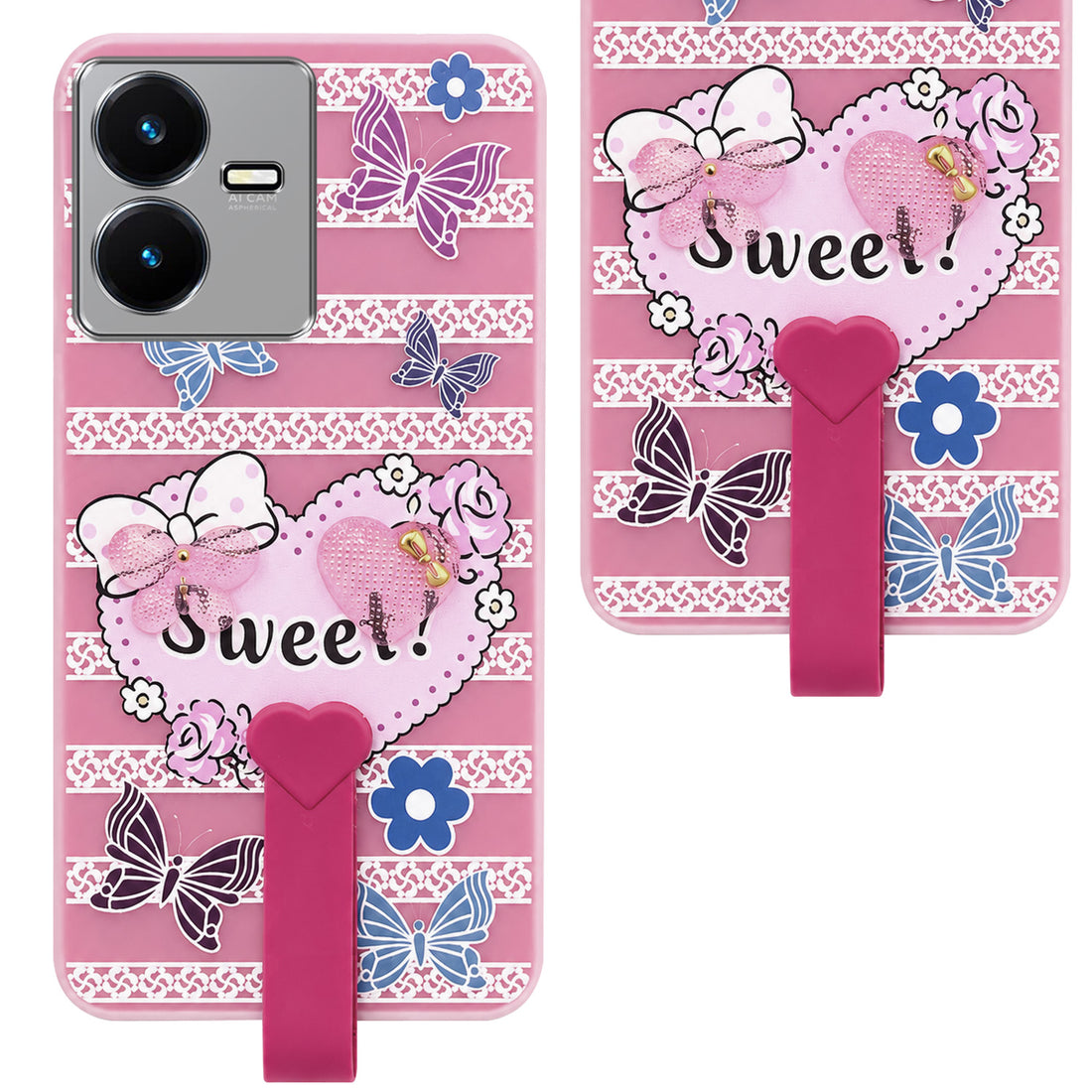 For Vivo Y22 | Vivo Y22s Back Cover Case (3D Cute Heart Strap Holder | Camera Protection | Designer Girls Print)
