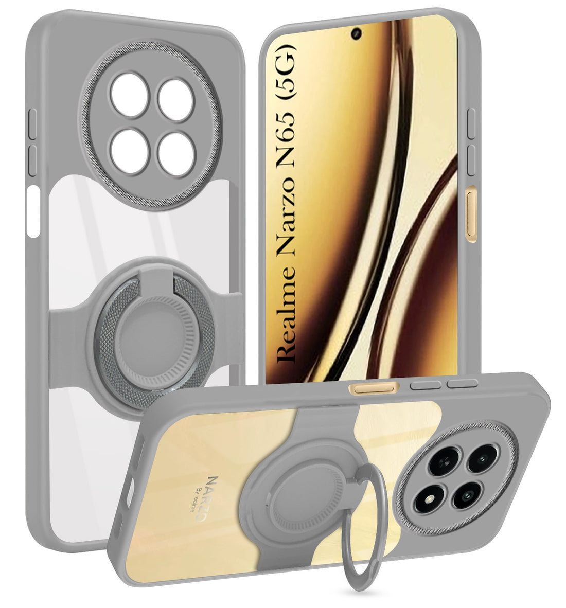 For Realme Narzo N65 5G Back Cover Case with stand (Built-in Ring Holder Kickstand | Lifetime Anti Yellow | Camera Protection)