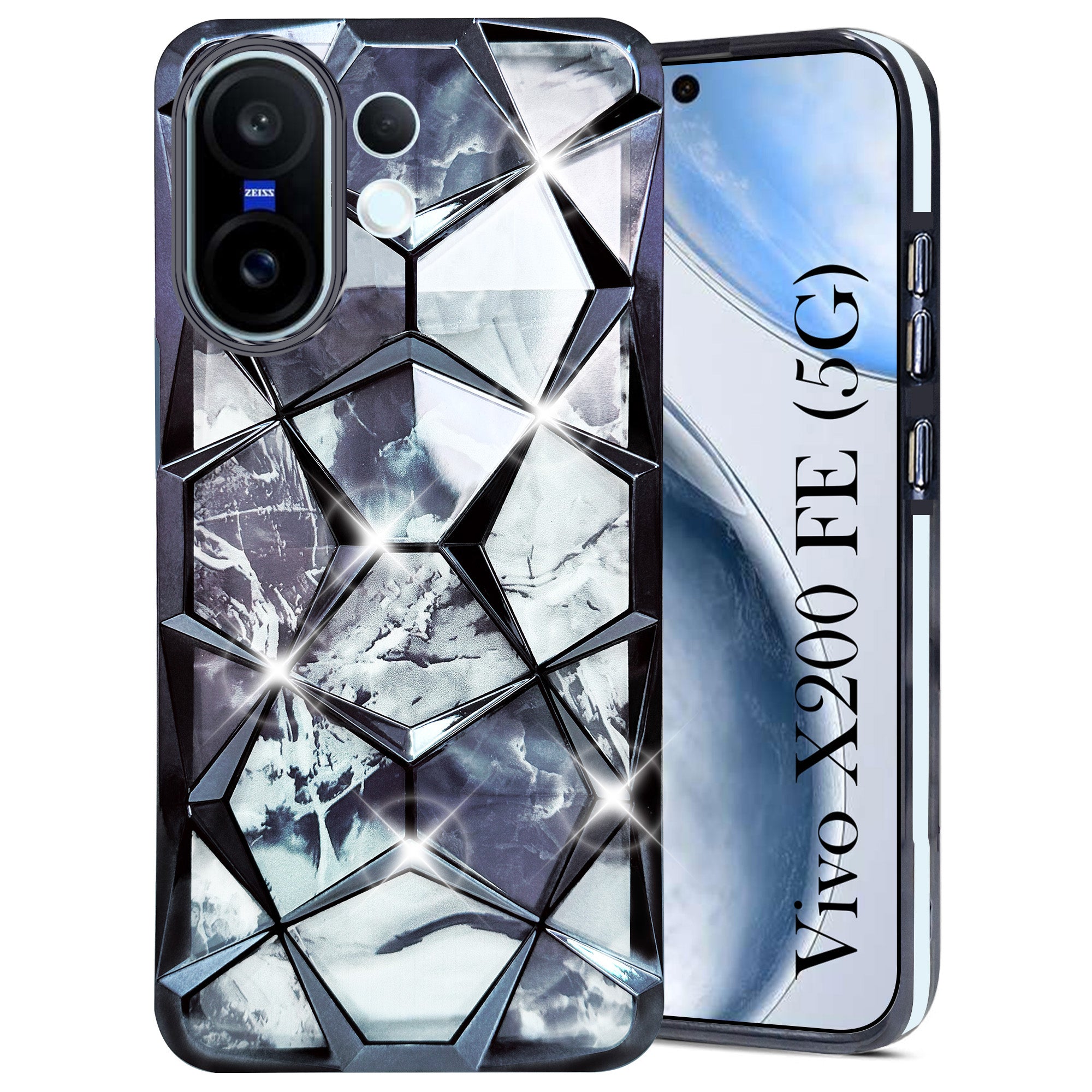 For Vivo X200 FE Back Cover Case 3D Silicone Compatible (Dual Design Glitter Sparkle and Detachable Diamond Print Case | Soft and Flexible)