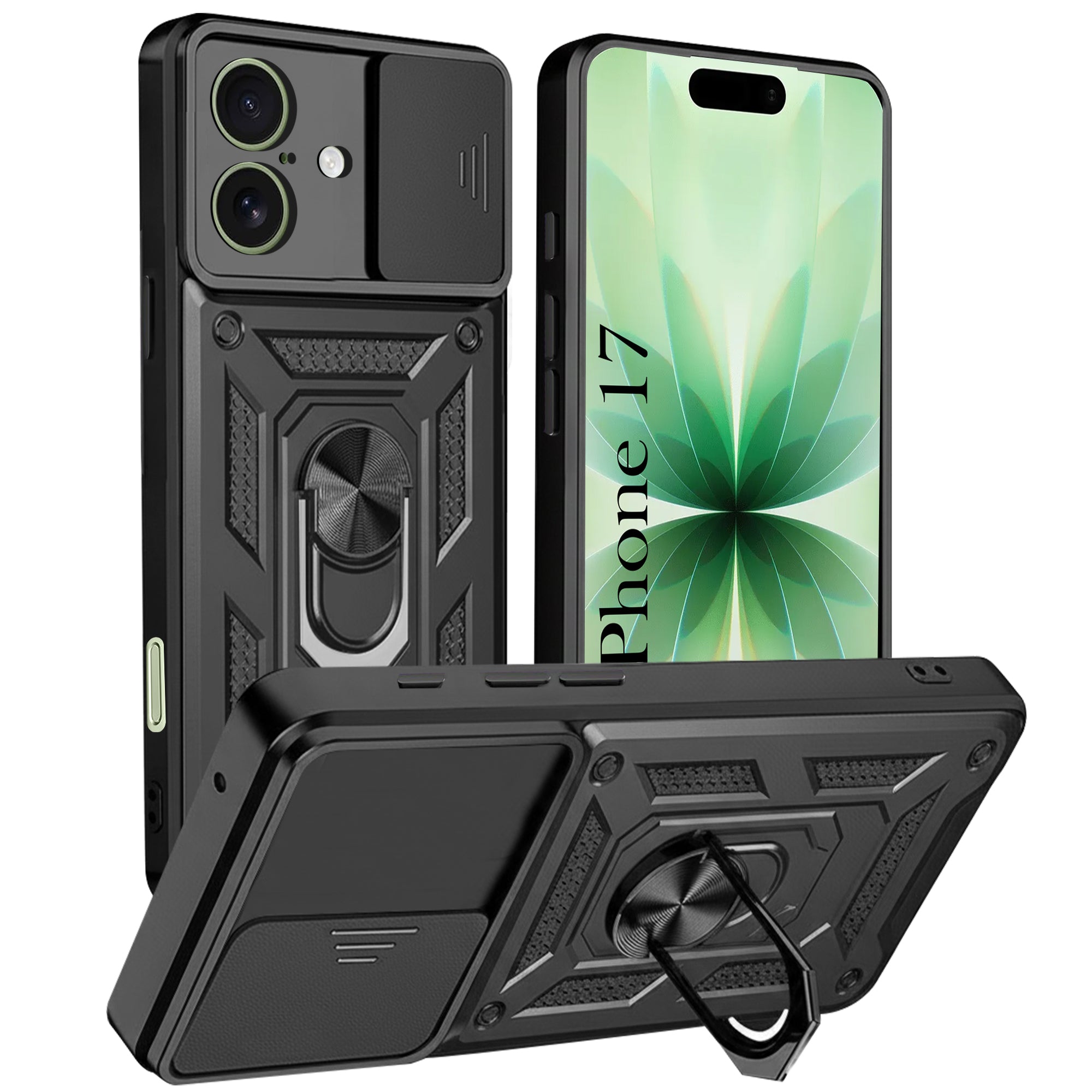 For Apple iPhone 17 Back Cover Case (Sliding Shutter Camera Protection | Polycarbonate |Ring Holder Kickstand)