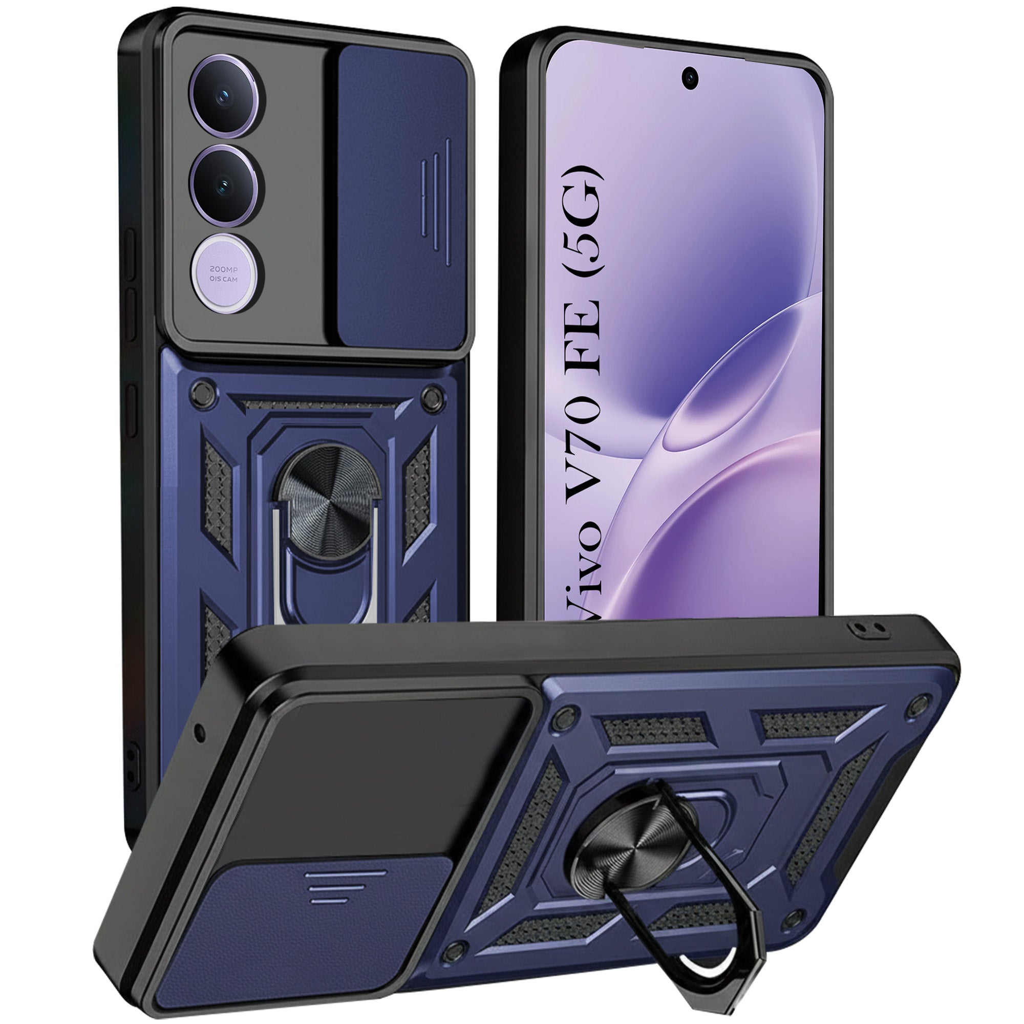 For Vivo V70 FE 5G Back Cover Case Hybrid Armor (Sliding Shutter Camera Protection | Polycarbonate |Ring Holder Kickstand)