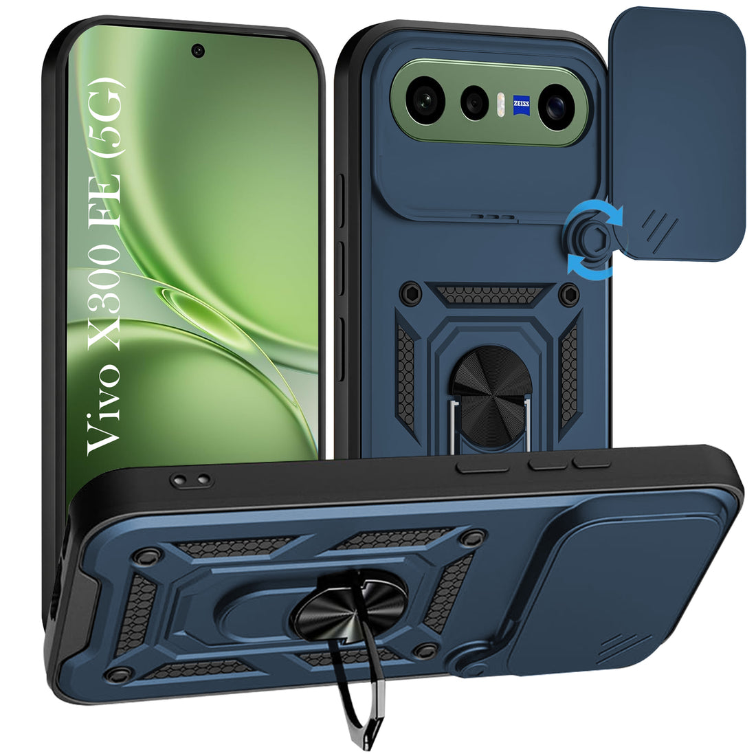 For Vivo X300 FE Back Cover Case Hybrid Armor (Sliding Shutter Camera Protection | Polycarbonate |Ring Holder Kickstand)