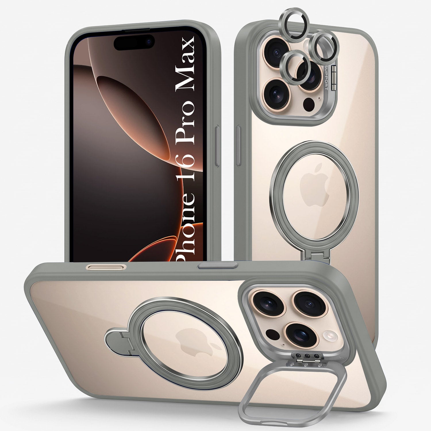 For iPhone 16 Pro Max Back Cover Case Crystal (Lifetime Anti Yellow | Magnetic Ring Stand | Camera Lens Protection | MagSafe Compatible)