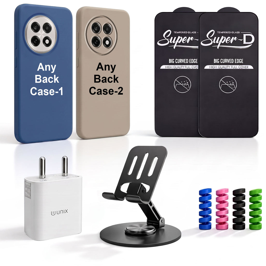 Complete Mobile Care Kit (Get Any 2 Cases+2 Tempered Glass+25W Charger Adapter+Metallic Mobile Stand+Cable Protector)