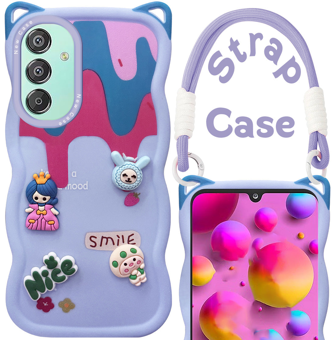 For Samsung Galaxy F15 5G Back Case Cover Strap(3D embossed Figures | Strap Holder | 360* Soft Cushion with Camera Bump)