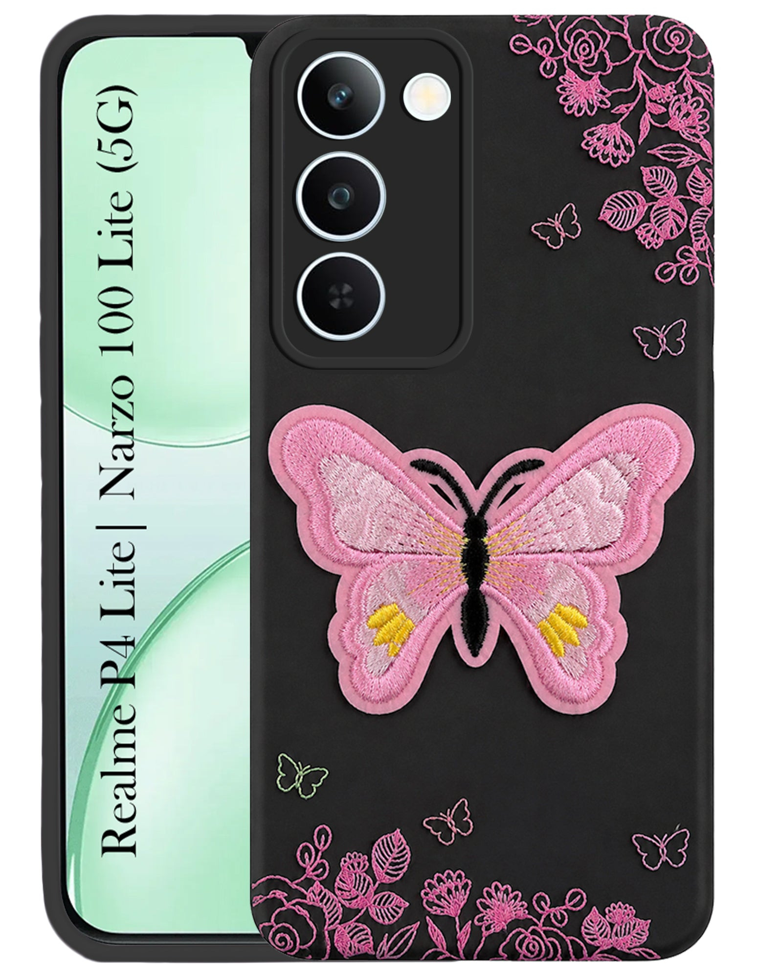 For Realme P4 Lite 5G | Realme Narzo 100 Lite 5G Back Cover Case (Soft Butterfly Embroidery | Women Teen Girls | Camera Protection| Matte Silicone)