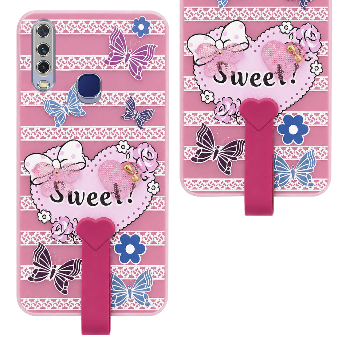 For Vivo Y12 | Y15 | Y17 Back Cover Case (3D Cute Heart Strap Holder | Camera Protection | Designer Girls Print)