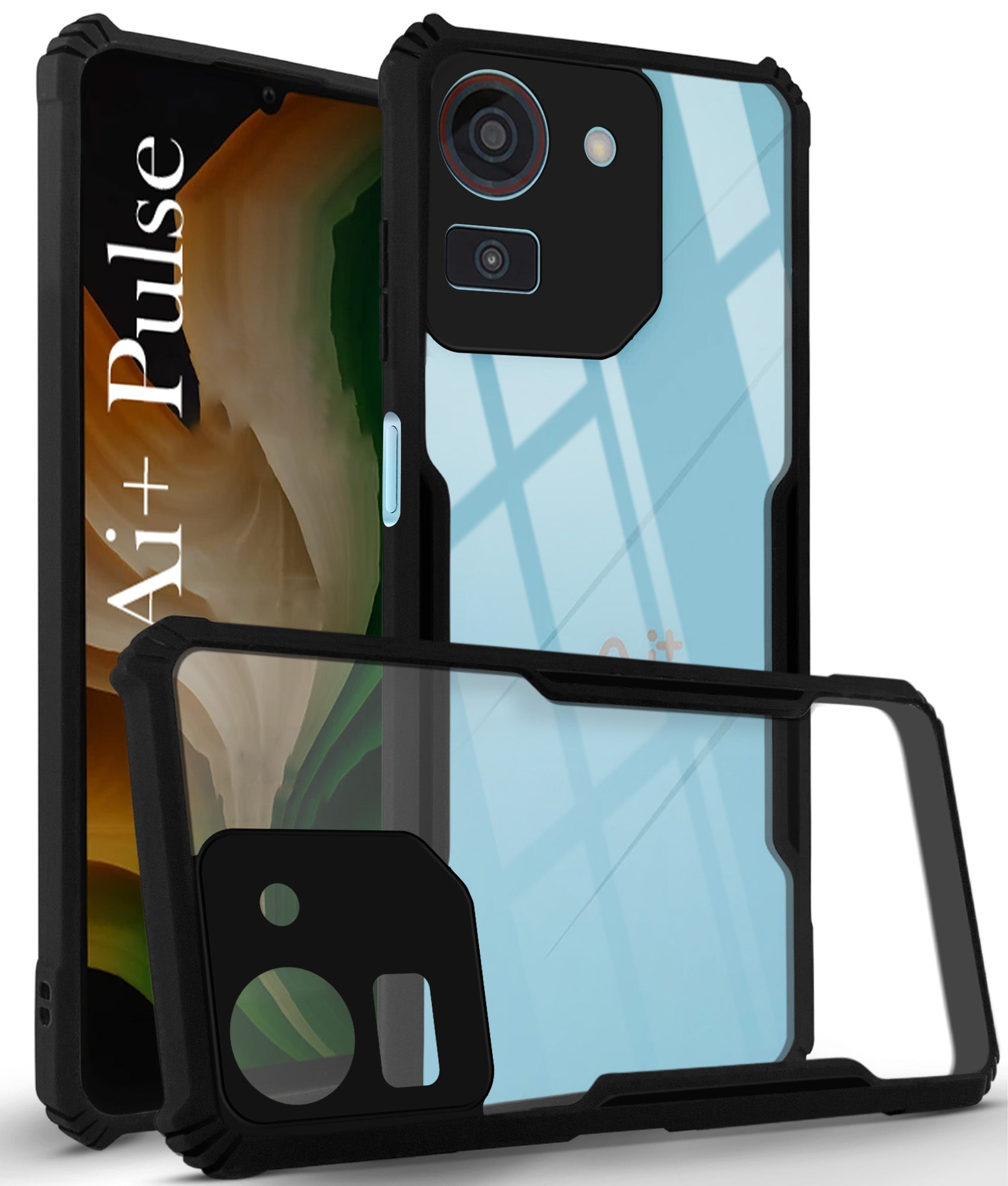 For Ai+ Pulse Back Cover Case ( Shockproof with Polycarbonate Clear Panel | Professional Black)