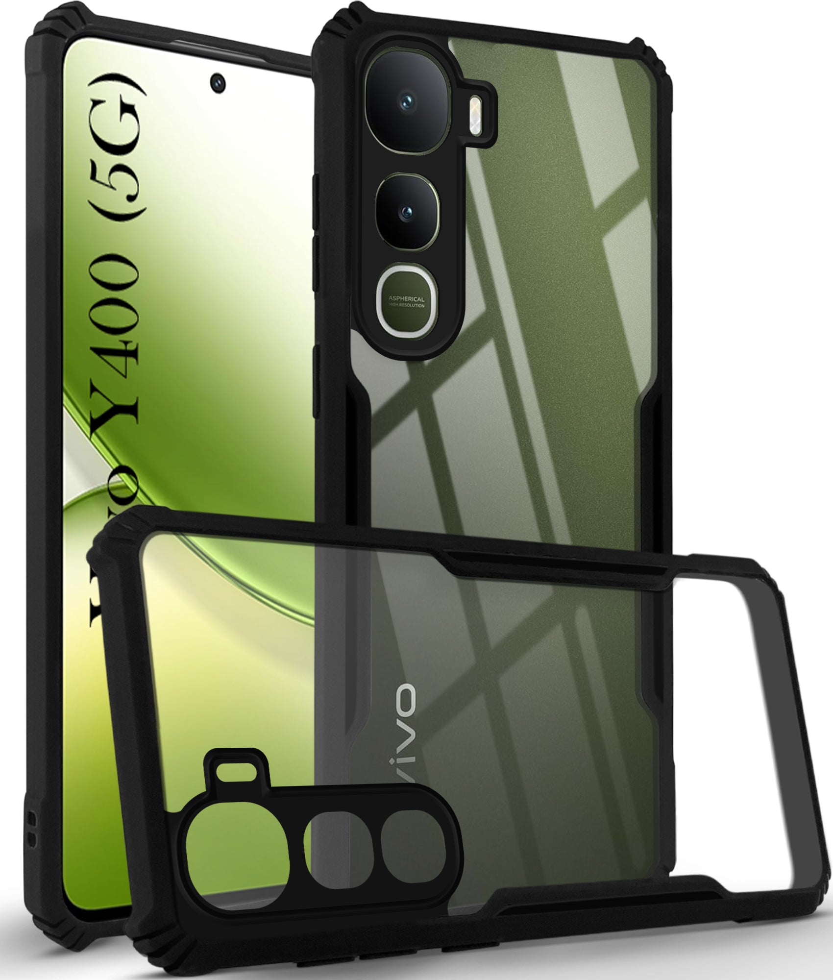 For Vivo Y400 Back Cover Case (Shockproof with Polycarbonate Clear Panel | Professional Black)