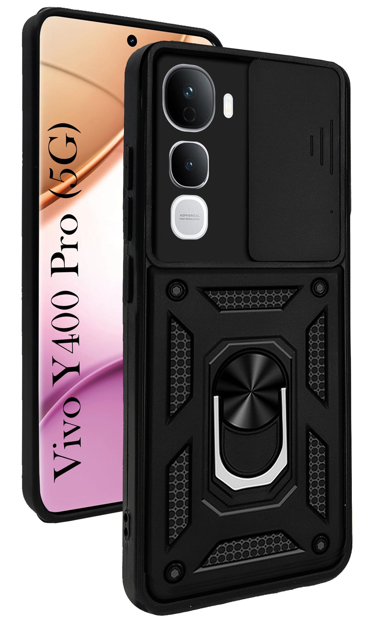 For Vivo Y400 Pro Back Cover Case Hybrid Armor (Sliding Shutter Camera Protection | Polycarbonate |Ring Holder Kickstand)