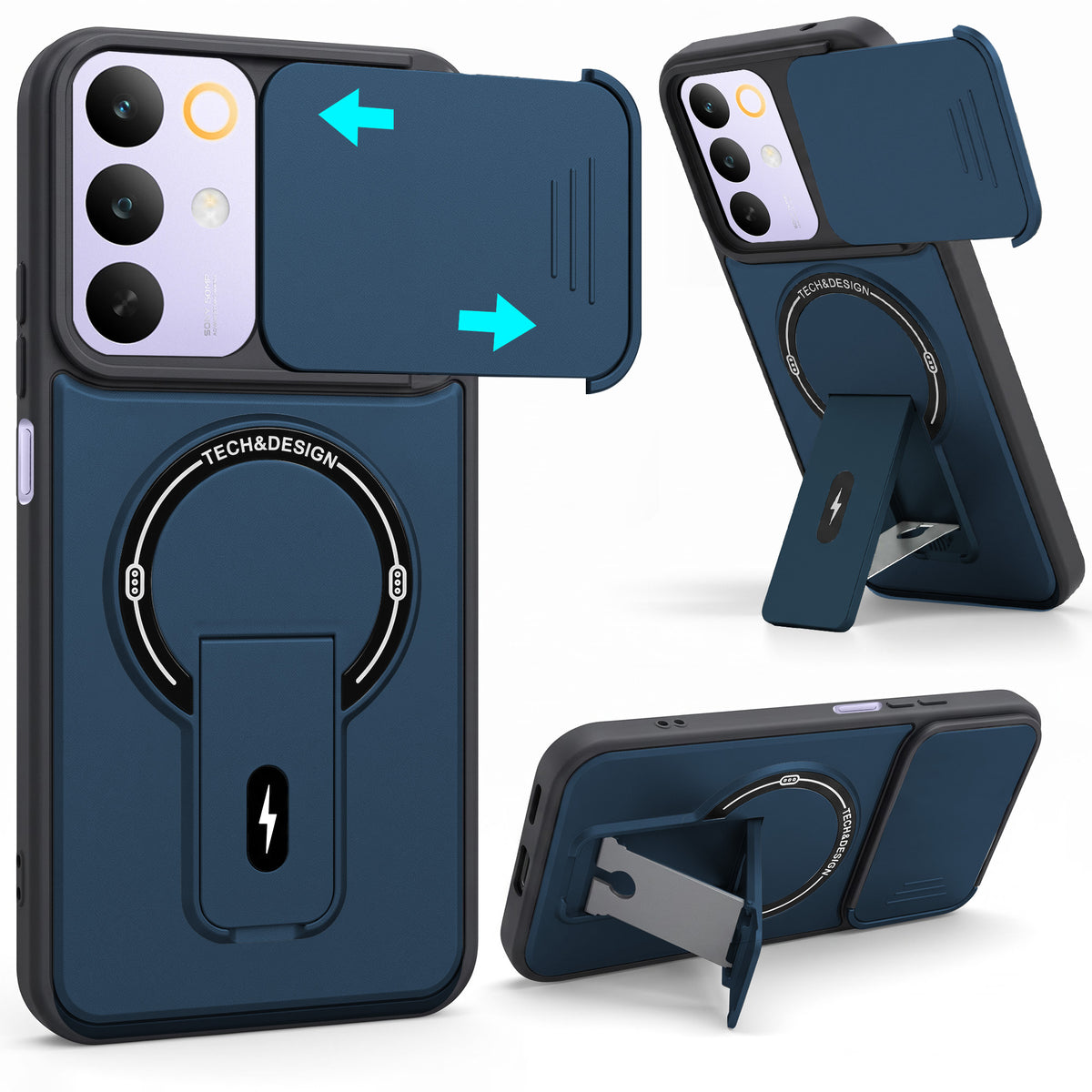 For Realme C85 5G | Realme Narzo 90x Back Case Cover Metallic (Hybrid Armor Kickstand | Sliding Shutter Camera Protection | MagSafe Compatible)