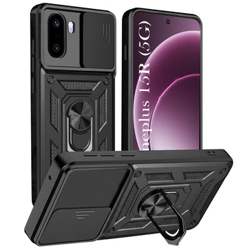 For OnePlus 15R Back Cover Case Hybrid Armor (Sliding Shutter Camera Protection | Polycarbonate |Ring Holder Kickstand)