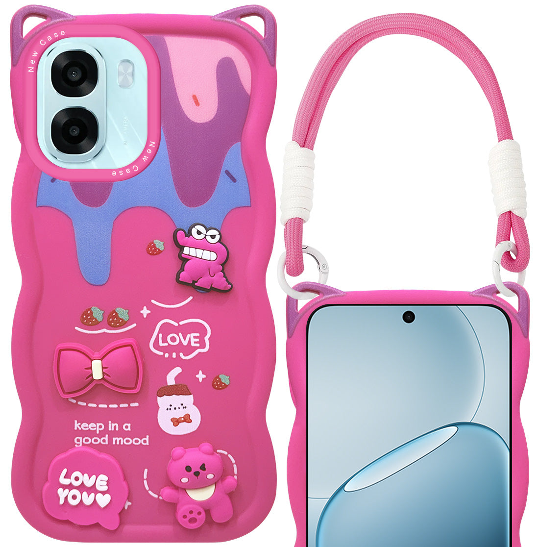 For Oppo A6X | Oppo A6S Back Case Cover Strap (3D Embossed Figures | Strap Holder | 360* Soft Cushion with Camera Bump)