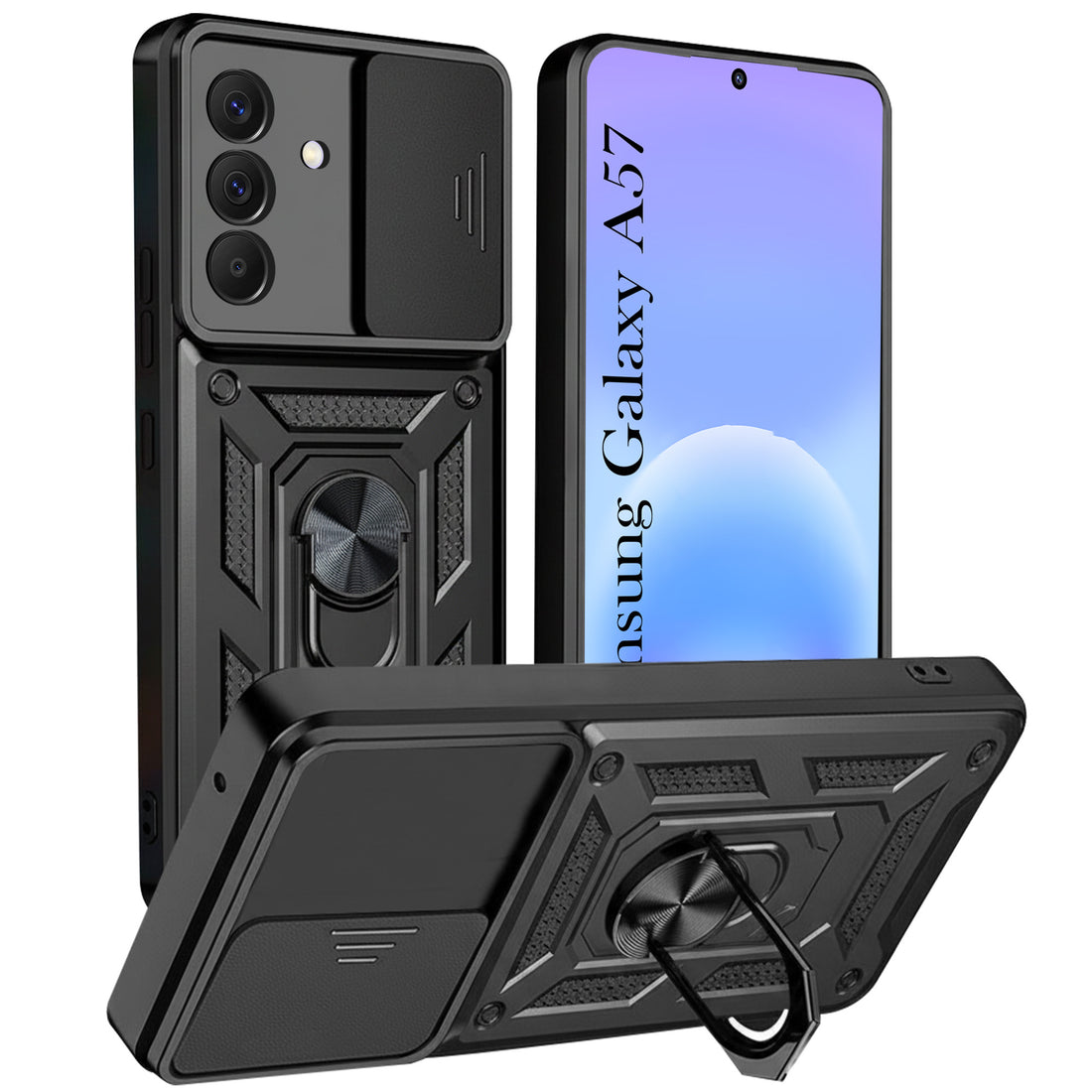 For Samsung Galaxy A57 5G Back Cover Case Hybrid Armor (Sliding Shutter Camera Protection | Polycarbonate |Ring Holder Kickstand)