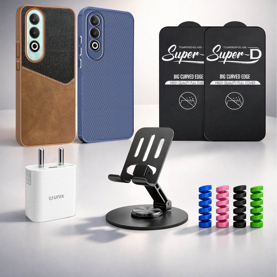 Complete Mobile Care Kit (Get Any 2 Cases+2 Tempered Glass+25W Charger Adapter+Metallic Mobile Stand+Cable Protector)