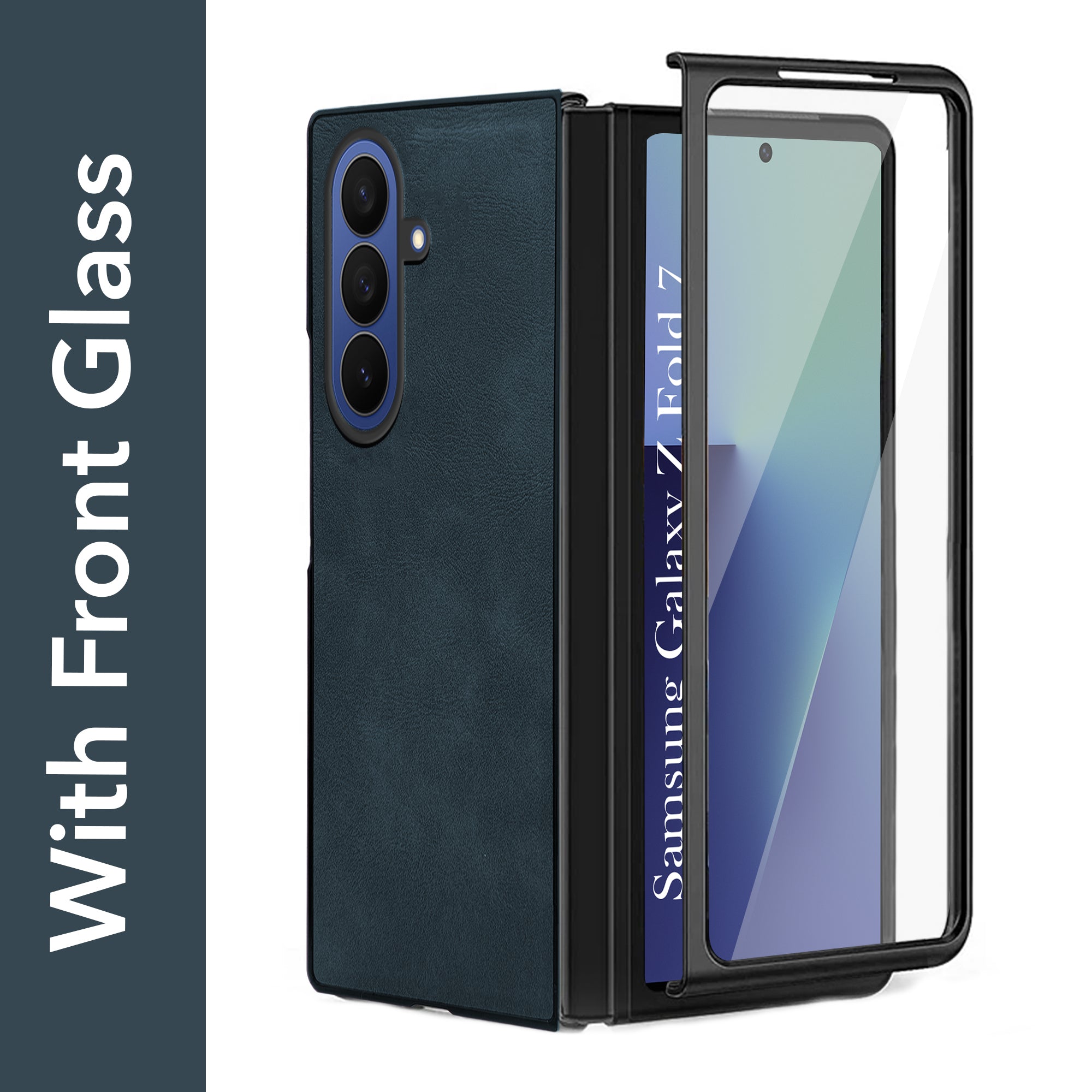 For Samsung Galaxy Z Fold 7 Back Cover Front Glass Leather (Full Body Case | Built-in Screen Protector | Inside Fiber Cloth | Minimalist Professional)