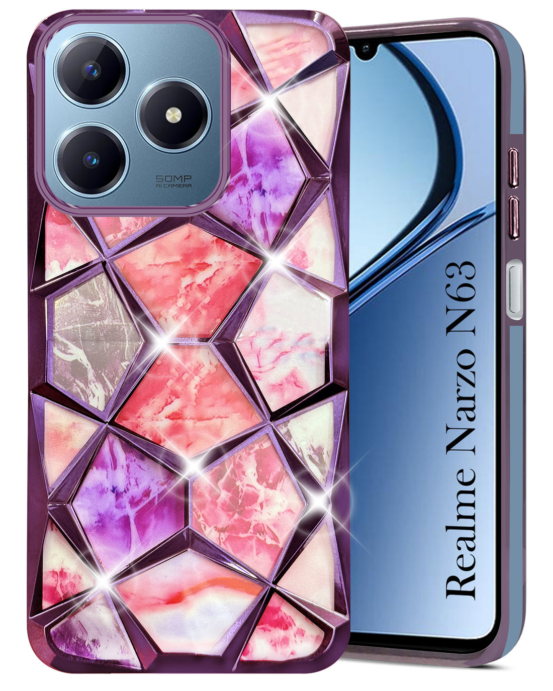For  Realme Narzo N63 Back Cover Case ( Dual Design Glitter Sparkle and Detachable Diamond Print Case | Soft and Flexible)