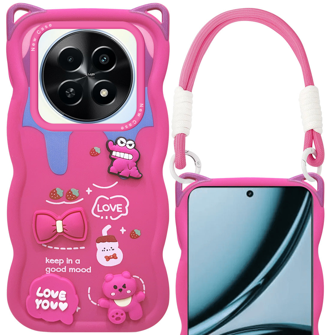 For Realme Narzo 70x 5G Back Case Cover Strap (3D Embossed Figures | Strap Holder | 360* Soft Cushion with Camera Bump)