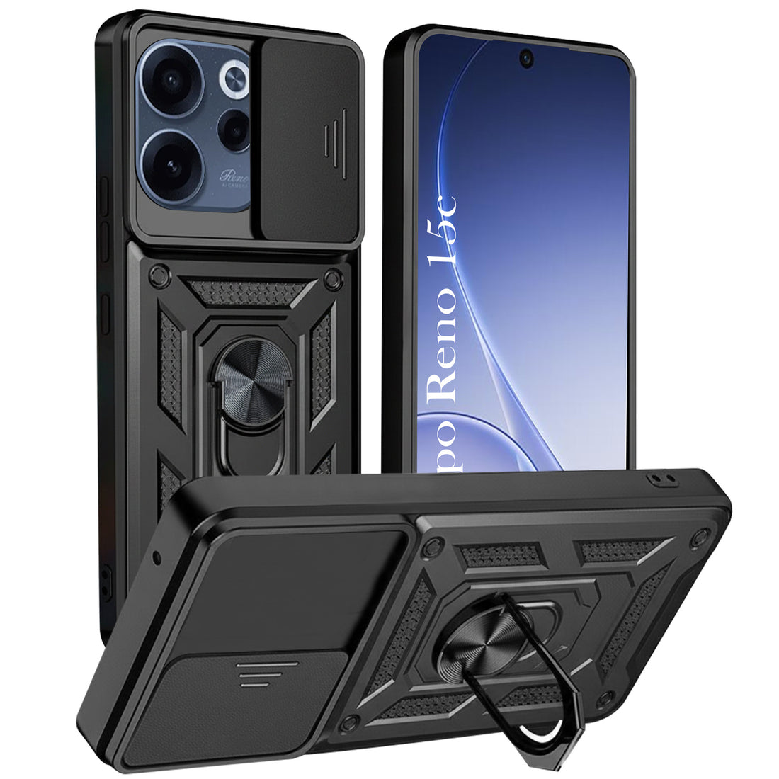 For Oppo Reno 15c Back Cover Case Hybrid Armor (Sliding Shutter Camera Protection | Polycarbonate |Ring Holder Kickstand)
