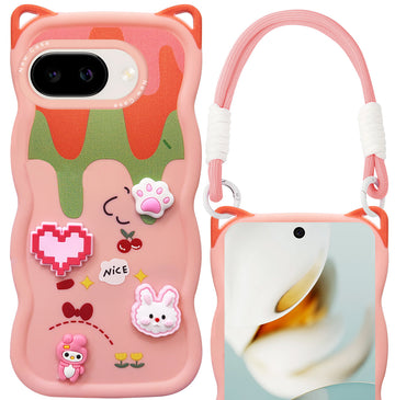 For Google Pixel 9A Back Case Cover Strap (3D Embossed Figures | Strap Holder | 360* Soft Cushion with Camera Bump)