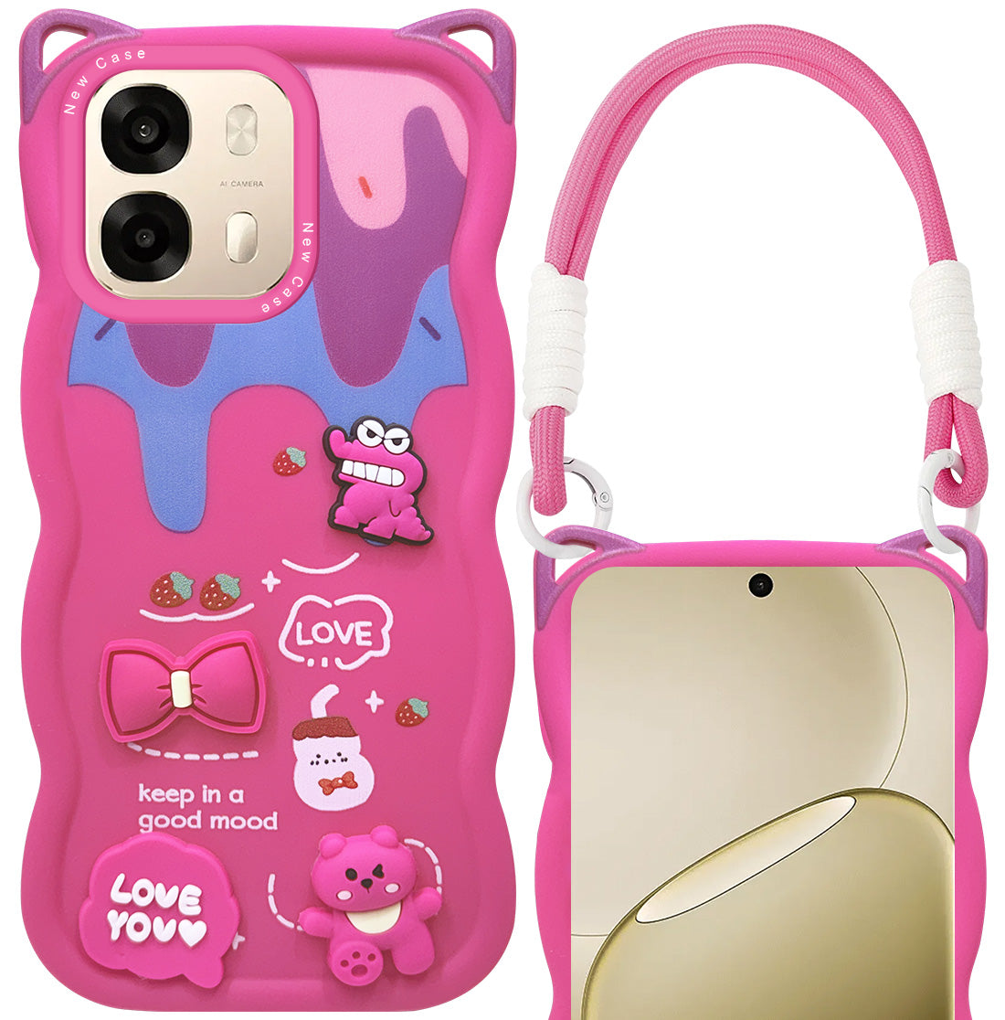 For Oppo A6 Pro Back Case Cover Strap (3D Embossed Figures | Strap Holder | 360* Soft Cushion with Camera Bump)